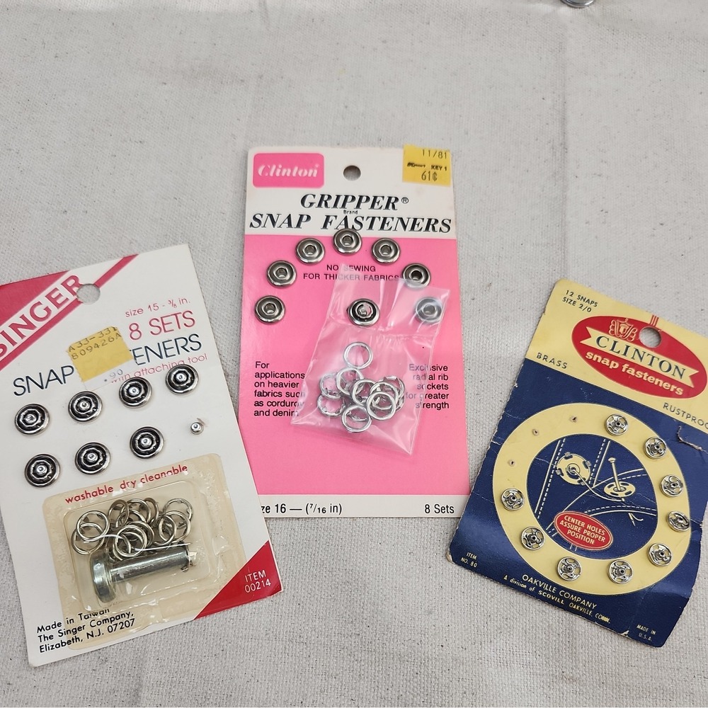 Lot of 3  Vintage Snap Fasteners grippers 3 Cards Singer Clinton 1 used sewing